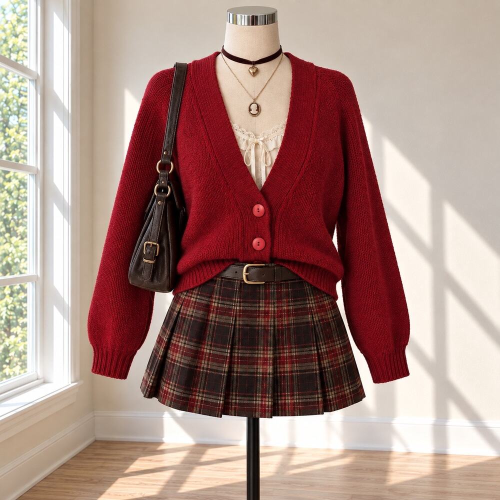 Vintage Knit Cardigan Twee Indie Plaid Preppy Academia Sz.M